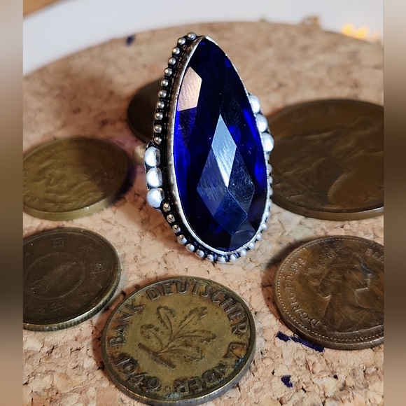 S-7 3/4 Stylish Dk Blue Pear-Shaped,Faceted Faux Sapphire Ring Made Jaipur,India - Picture 5 of 5